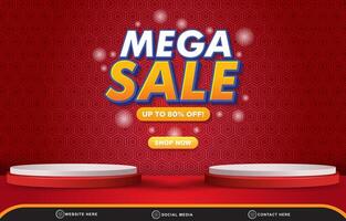 mega sale social media template banner with blank space 3d podium for product with abstract gradient red background design vector