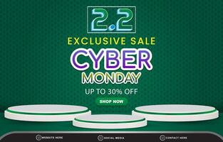 02.02 cyber monday sale discount template banner with blank space 3d podium for product sale with abstract gradient green background design vector