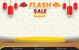 chinese new year flash sale discount template banner with blank space 3d podium for product sale with abstract gradient white background design vector