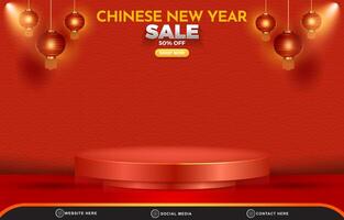chinese new year discount sale template banner with blank space 3d podium for product sale with abstract gradient red background design vector