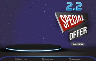 02.02 special offer sale template banner with blank space 3d podium for product sale with abstract gradient black and blue background design vector