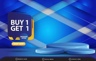 discount sale template banner with blank space 3d podium for product sale with abstract gradient blue and white background design vector