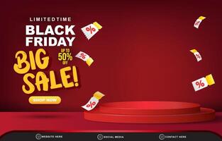 3d black friday big sale discount template banner with blank space 3d podium for product sale with abstract gradient red background design vector