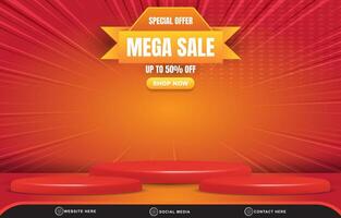 special offer mega sale discount template banner with blank space 3d podium for product sale with abstract gradient red and orange background design vector