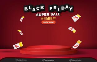 modern 3d black friday super sale discount template banner with blank space 3d podium for product sale with abstract gradient red background design vector