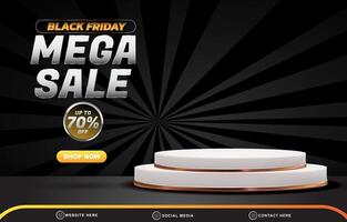 elegant 3d black friday mega sale discount template banner with blank space 3d podium for product sale with abstract gradient black and grey background design vector