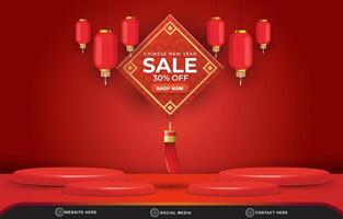 modern chinese new year sale discount template banner with blank space 3d podium for product sale with abstract gradient red background design vector