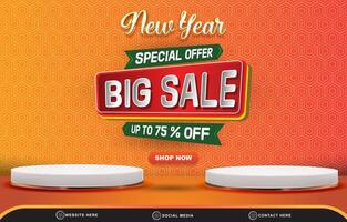new year special offer big sale template banner with blank space 3d podium for product sale with abstract gradient orange and yellow background design vector