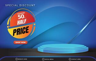special discount template banner with blank space 3d podium for product sale with abstract gradient blue background design vector