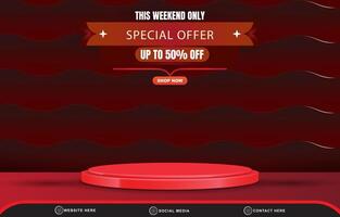 weekend special offer discount sale social media template banner with blank space 3d podium for product sale with abstract gradient red background design vector