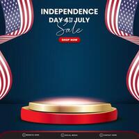 independence day 4th of july sale square banner for social media post with 3d podium for sale with abstract gradient blue background design vector