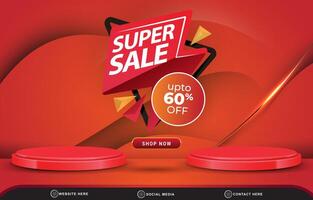 modern super sale discount template banner with blank space 3d podium for product sale with abstract gradient red and orange background design vector