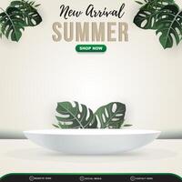 new arrival summer sale square banner for social media post with blank space 3d podium for product sale with abstract gradient white and green background design vector