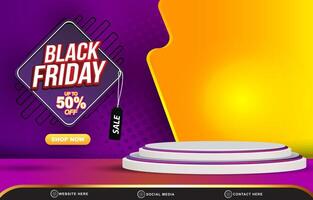 modern 3d black friday discount sale template banner with blank space 3d podium for product sale with abstract gradient purple and orange background design vector
