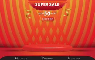 super sale discount social media template banner with blank space 3d podium for product sale with abstract gradient red and orange background design vector