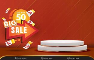3d big sale discount template banner with blank space 3d podium for product sale with abstract gradient red and orange background design vector