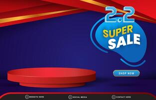 02.02 super sale discount template banner with blank space 3d podium for product sale with abstract gradient red and blue background design vector