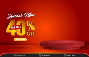 special offer discount template banner with blank space 3d podium for product sale with abstract gradient red and orange background design vector