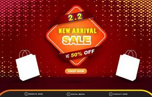 02.02 new arrival sale template banner with blank space 3d podium for product sale with abstract gradient red background design vector