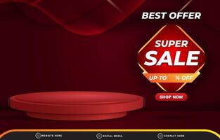 best offer super sale template banner with blank space 3d podium for product sale with abstract gradient red background design vector
