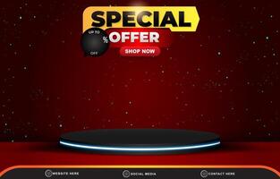 special offer discount sale template banner with blank space 3d podium for product sale with abstract gradient red background design vector