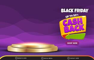 elegant black friday discount template banner with blank space 3d podium for product sale with abstract gradient purple background design vector