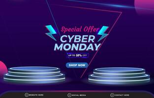 special offer cyber monday sale discount template banner with blank space 3d podium for product sale with abstract gradient blue and purple background design vector