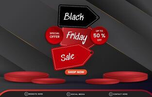 black friday sale discount template banner with blank space 3d podium for product sale with abstract gradient black and red background design vector
