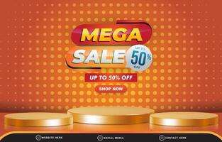 elegant 3d mega sale discount template banner with blank space 3d podium for product sale with abstract gradient brown and orange background design vector