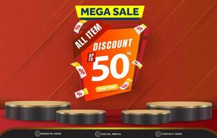 modern mega sale discount template banner with blank space 3d podium for product sale with abstract gradient red background design vector