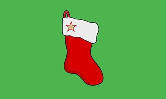 Red Christmas socking simple icon in flat design on green background. vector