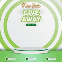 new year giveaway social media template banner post with blank space 3d podium for product sale with abstract gradient green and white background design vector