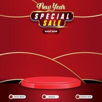 new year special sale social media template banner post with blank space 3d podium for product sale with abstract gradient red background design vector