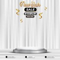 beautiful new year sale social media template banner post with blank space 3d podium for product with gradient white background vector