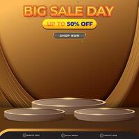 big sale discount banner social media template post with blank space 3d podium for product with abstract brown and golden gradient background design vector