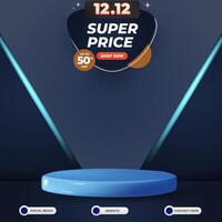 12.12 of december super sale social media template banner post with blank space podium for product sale with abstract gradient blue background design vector