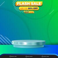 flash sale discount banner for social media template post with blank space 3d podium for product with abstract blue and green gradient background design vector