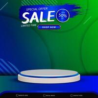 special offer sale banner social media template post with blank space 3d podium for product with abstract blue and green gradient background design vector