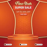 new year super sale discount social media template banner post with blank space 3d podium for product sale with abstract gradient red and orange background design vector
