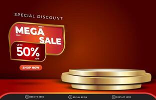 special discount mega sale template banner with blank space 3d podium for product sale with abstract gradient red background design vector