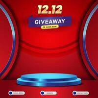 12.12 of december giveaway social media template banner post with blank space 3d podium for product sale with abstract gradient red background design vector