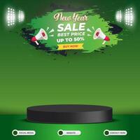 new year sale best price discount social media template banner post with blank space 3d podium for product sale with abstract gradient green background design vector