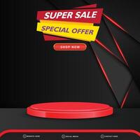 super sale special offer banner social media template post with blank space 3d podium for product with abstract gradient black background vector