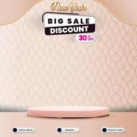 new year big discount sale social media template banner post with blank space 3d podium for product sale with abstract gradient pink and white background design vector
