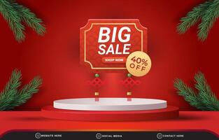 chinese new year big sale discount template banner with blank space 3d podium for product sale with abstract gradient red background design vector