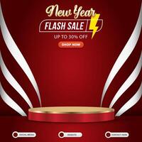new year flash sale social media template banner post with blank space 3d podium for product sale with abstract gradient red background design vector