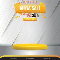 best offer mega sale banner social media template post with blank space 3d podium for product with abstract white and silver gradient background design vector
