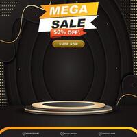 mega sale banner social media template post with blank space 3d podium for product with abstract gradient black background design vector