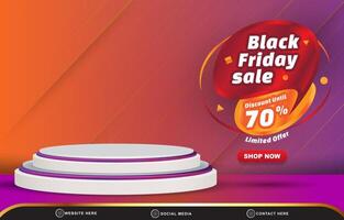 3d black friday discount sale template banner with blank space 3d podium for product sale with abstract gradient purple and orange background design vector
