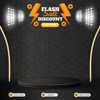 flash sale discount social media template banner post with blank space 3d podium for product sale with abstract gradient black background design vector